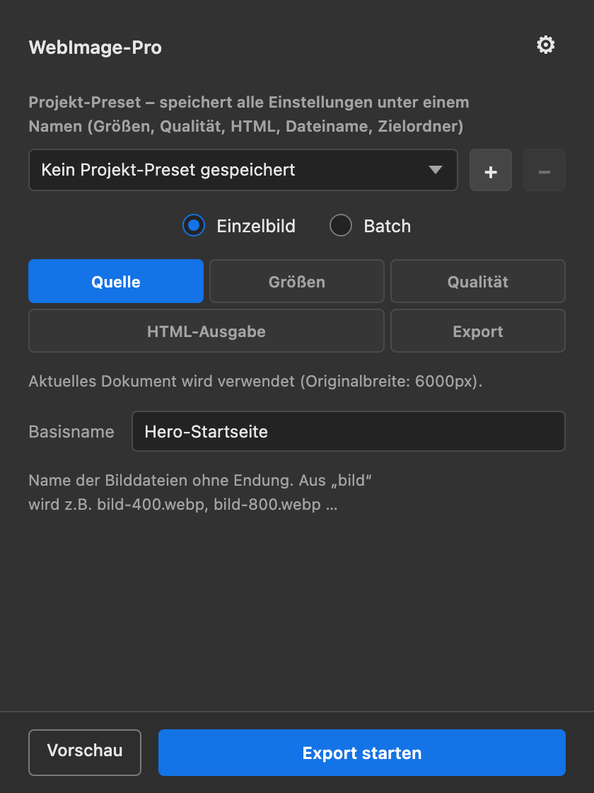 Panel im Einzelbild-Modus mit Basisname