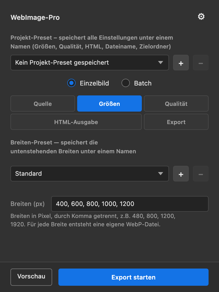 Reiter Größen mit Breiten-Preset und Breitenliste