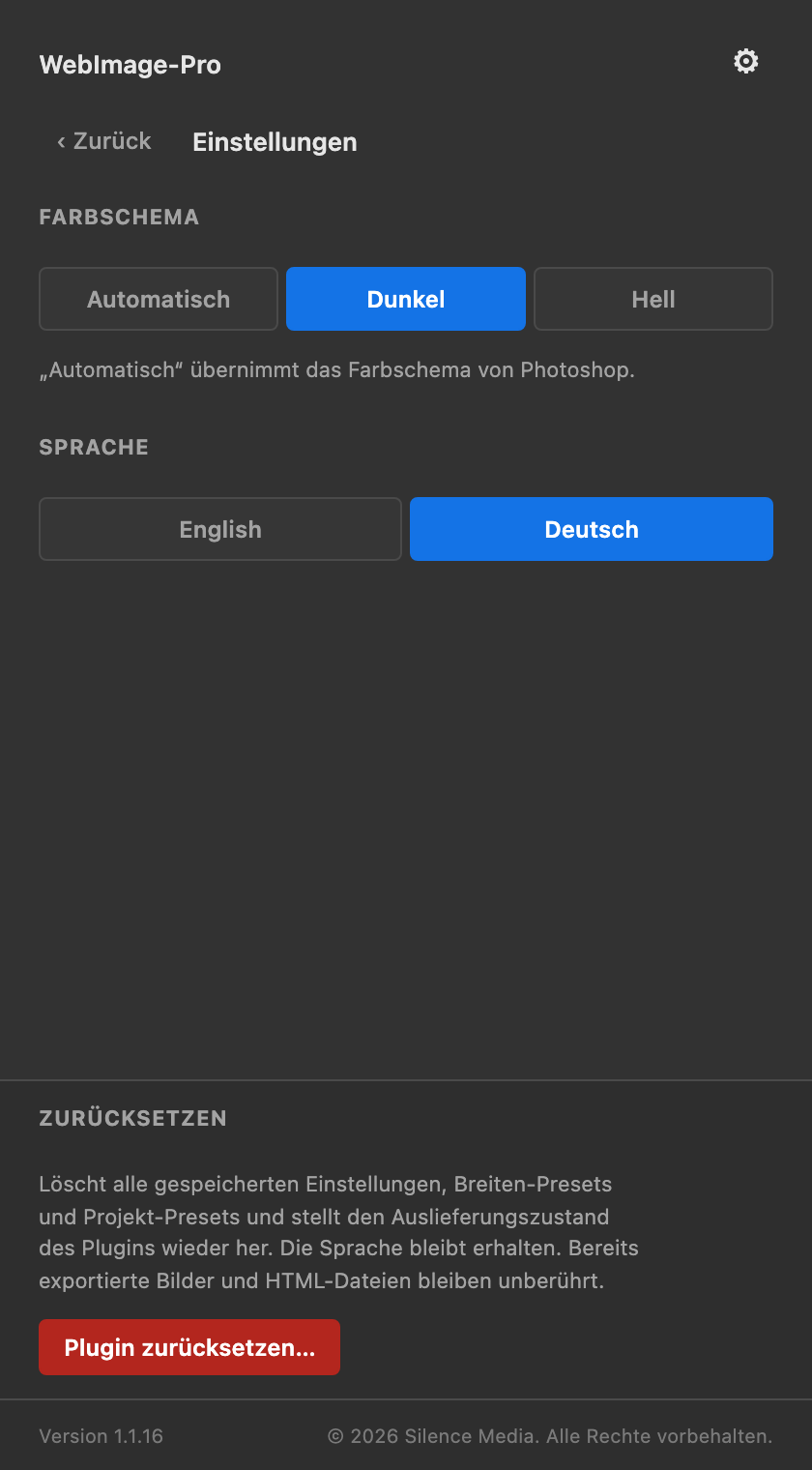 Einstellungen: Farbschema, Sprache, Unterstützung, Zurücksetzen