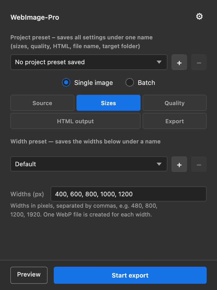Sizes tab with width preset and width list