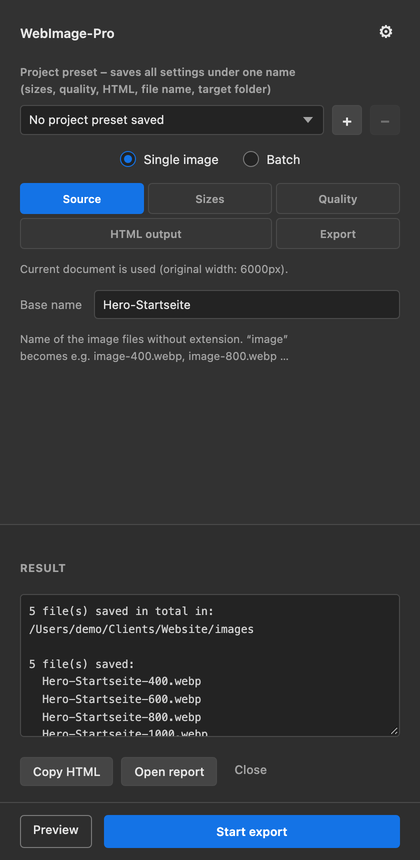 Result area listing the saved files
