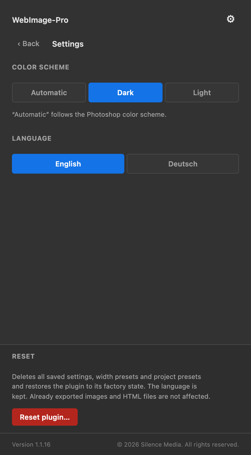 Settings: color scheme, language, reset
