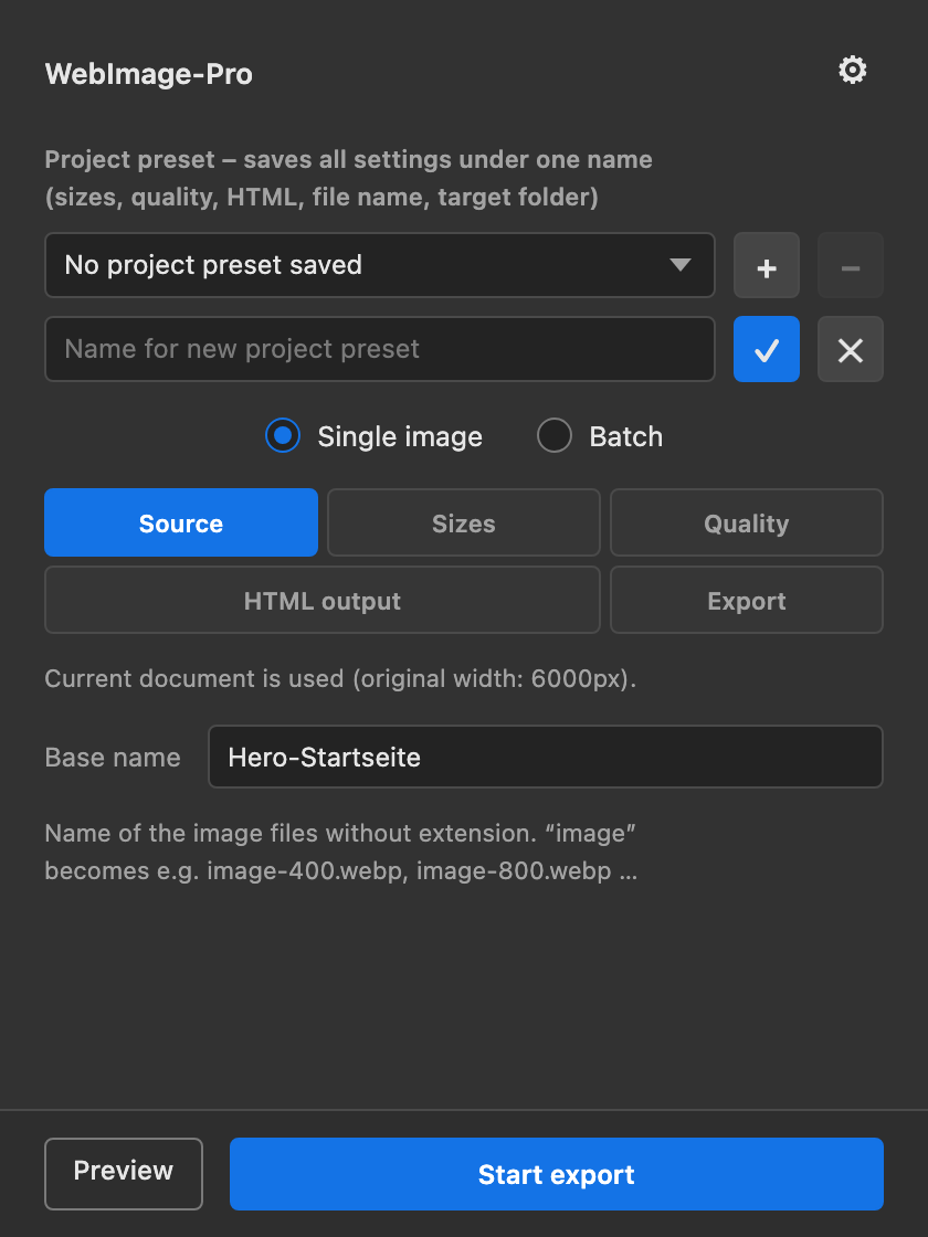 Saving a project preset